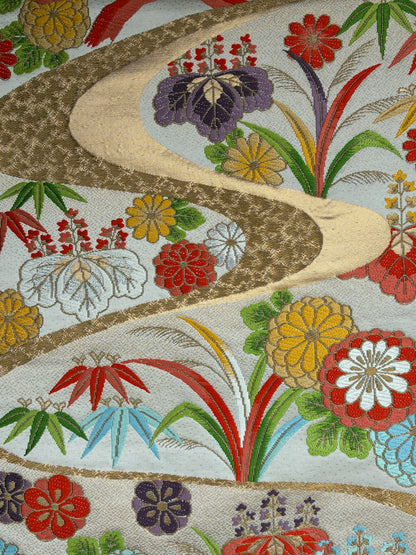 Vintage 1970s Nishijin Kinran Silk Obi with Flowing Floral Motif