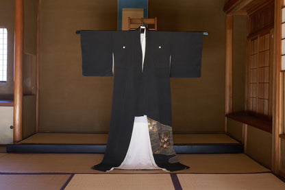 Kurotomesode – Kyo-Yuzen with Gold Leaf (Surihaku), Waves and Plum Blossoms, 1970s