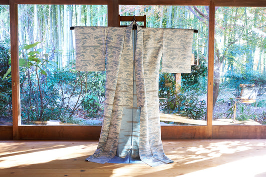 Vintage Silk Komon Kimono with Bamboo Grass Motif – Unlined (Hitoe) – Early 1970s